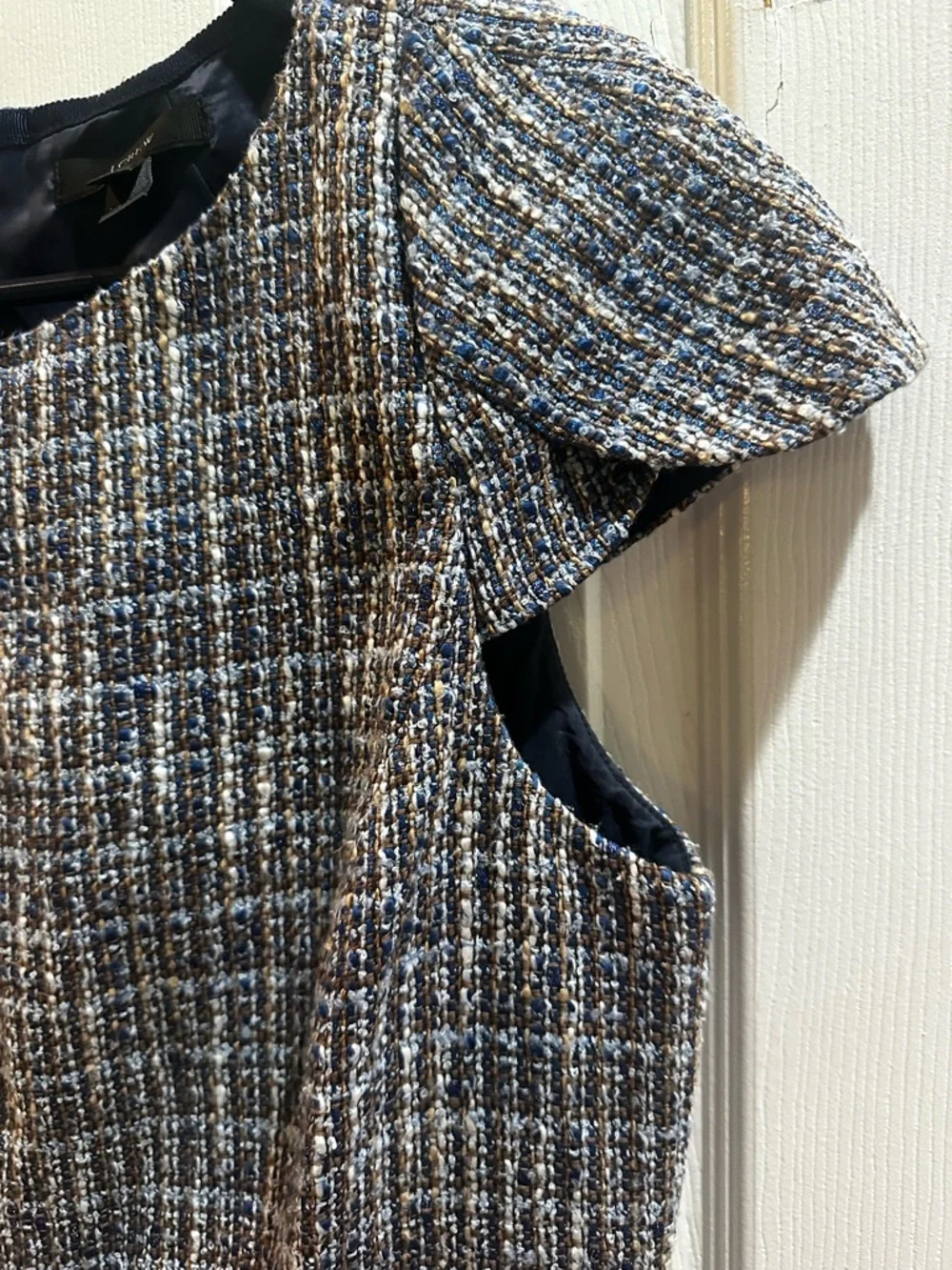 J. Crew Silvermist Blue‎ Tweed Sheath Dress Flutter Sleeve Business Sz 8